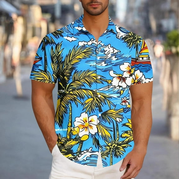 VBTAPA Mens Hawaiian Floral Shirt Short Sleeve Palm Tree Printed Button Down Shirts Summer Beach Vacation Tops Sky Blue XXXXL