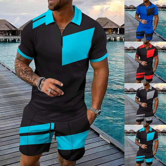 VBTAPA Mens Hawaiian Matching Set 2 Piece Summer Beach Outfits Quarter Zip Golf Shirt and Shorts Sets Color Block Short Sleeve Casual Tracksuit Set with Pockets Lightning Sales of Today Wine M