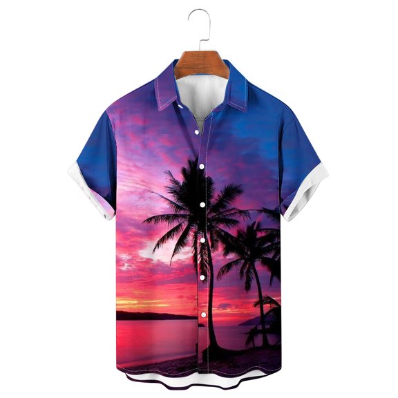 VBTAPA Mens Hawaiian Shirts Colorful Palm Tree Print Short Sleeve Lapel Button Down Shirts Casual Beach Aloha Shirts Summer Loose Beach Tops Purple XXXL
