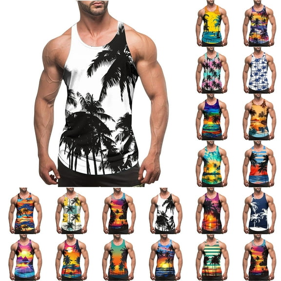 VBTAPA Mens Hawaiian Tank Top Sleeveless Palm Tree T-shirts Summer Casual Aloha Tees Beach Party Tops Multicolor L