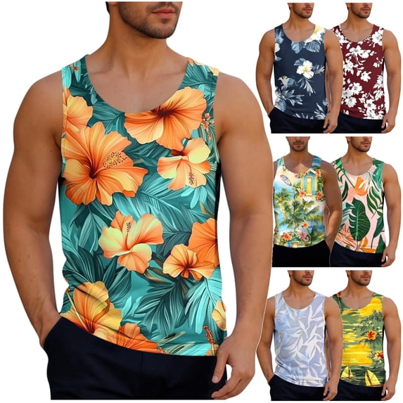 VBTAPA Mens Hawaiian Tank Top Tropical Summer Floral Beach Tops Sleeveless Casual Aloha T-Shirt Sky Blue S