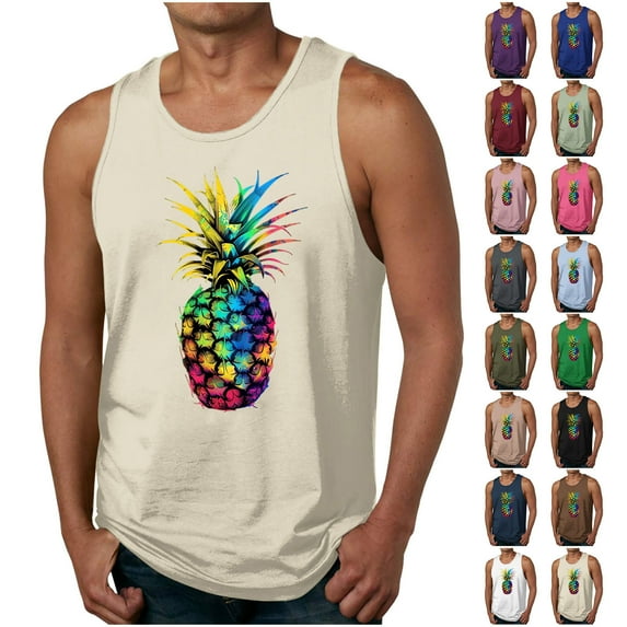 VBTAPA Mens Hawaiian Tank Tops Beach Summer Sleeveless Shirts Funny Pineapple Graphic Vacation Tanks Beige XL