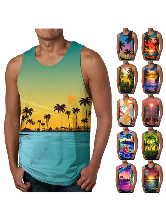 Mens Hawaiian Tank Tops Sleeveless Palm Tree Printed T-shirts Lightweight Breathable Beach Vacation Top Casual Athletic Undershirts Prime ZA-Orange XL