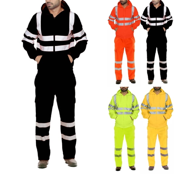 VBTAPA Mens High Visibility Sets Reflective Hoodie Jacket and Cargo Pants 2 Piece Set Safety Construction Work Suits with Pockets Yellow M