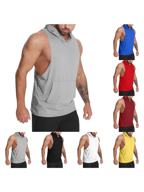 Mens Hooded Tank Top Sleeveless Athletic Hoodies Lightweight Breathable Running Athletic Tops with Kangaroo Pocket Black M