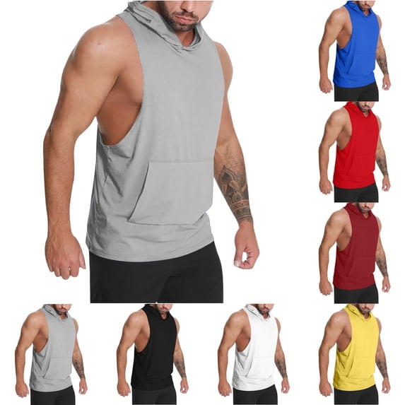 VBTAPA Mens Hooded Tank Top Sleeveless Athletic Hoodies Lightweight Breathable Running Athletic Tops with Kangaroo Pocket Yellow M