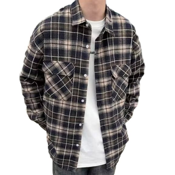 VBTAPA Mens Lightweight Shacket Open Front Long Sleeve Plaid Button Down Shirt Jacket 2026 Fall Trendy Casual Outwear Tops with Chest Pocket Khaki XXL