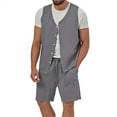 thumbnail image 1 of VBTAPA Mens Linen 2 Piece Outfits Solid Sleeveless Button Down Shirts and Shorts Set Summer Casual Beach Suits Dark Gray XXXL, 1 of 4