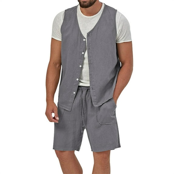 VBTAPA Mens Linen 2 Piece Outfits Solid Sleeveless Button Down Shirts and Shorts Set Summer Casual Beach Suits Dark Gray XXXL