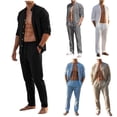 thumbnail image 1 of VBTAPA Mens Linen Sets 2 Piece Outfits Long Sleeve Beach Vacation Set Solid Color Button Down Shirts and Drawstring Long Pants Yoga Track Suit with Pockets Limited Time Sale Sky Blue L, 1 of 9