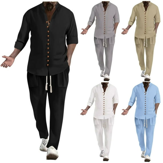 VBTAPA Mens Linen Sets 2 Piece Outfits Long Sleeve Beach Vacation Set Solid Color Button Down Shirts and Drawstring Long Pants Yoga Track Suit with Pockets Limited Time Sale Sky Blue L