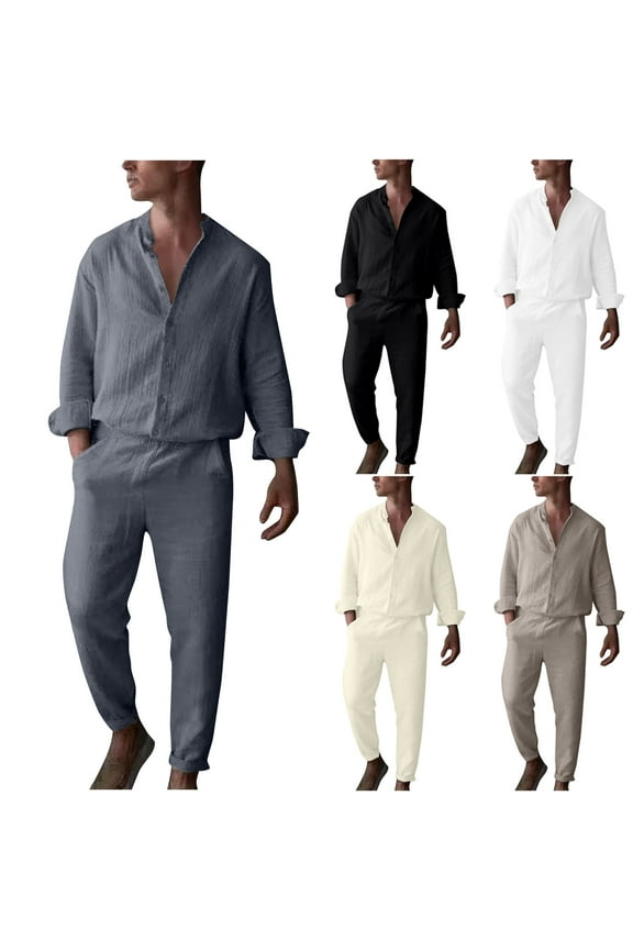 Mens Linen Sets 2 Piece Outfits Yoga Tracksuit Long Sleeve Button Down Shirt and Elastic Waist Pants Set for Men Lounge Matching Sets Limited Time Sales Gray M