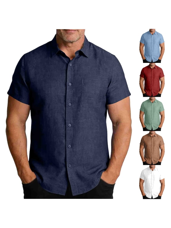 Mens Linen Shirts Big and Tall Button Down Short Sleeve Shirt Breathable Summer Beach Vacation Tops White XXL