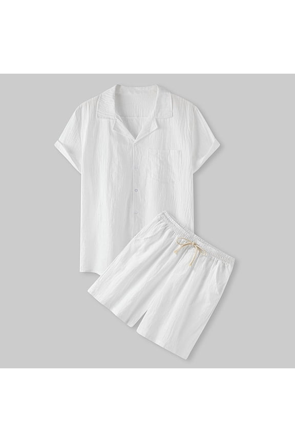 Mens Linen Shorts and Shirt Set Short Sleeve Button Down Shirts and Drawstring Shorts 2 Pieces Summer Beach Outfits Basic Solid Matching Lounge Sets White S