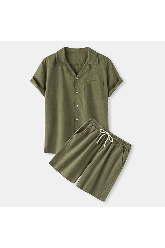 Mens Linen Shorts and Shirt Set Short Sleeve Button Down Shirts and Drawstring Shorts 2 Pieces Summer Beach Outfits Basic Solid Matching Lounge Sets Army Green XL