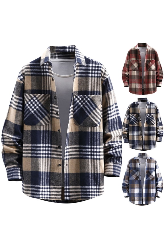 Mens Long Sleeve Button Down Shirt Jacket Flannel Plaid Shacket Loose Casual Gingham Shirts 2026 Fall Trendy Outwear Tops with Pockets Red XXXL