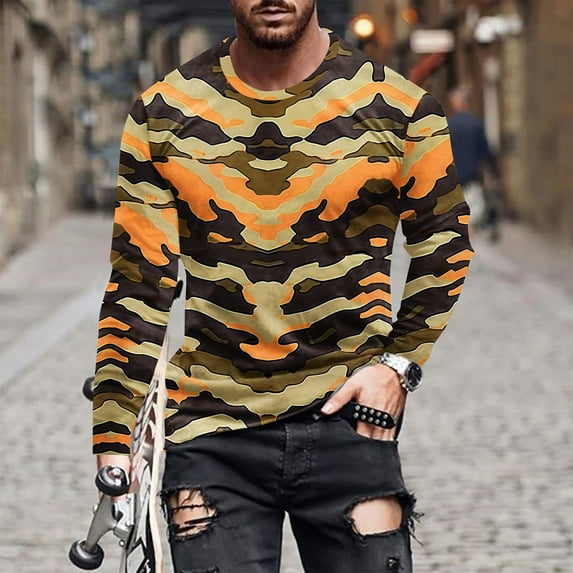 VBTAPA Mens Long Sleeve Camo T-shirt Colorful Graphic Tees Casual Stylish Tops Lightweight Workout Tee 90% off Clearance Sale Orange L