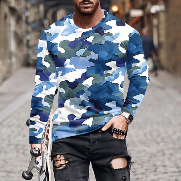 VBTAPA Mens Long Sleeve Camo T-shirt Colorful Graphic Tees Casual Stylish Tops Lightweight Workout Tee Limited Time Deal Blue L