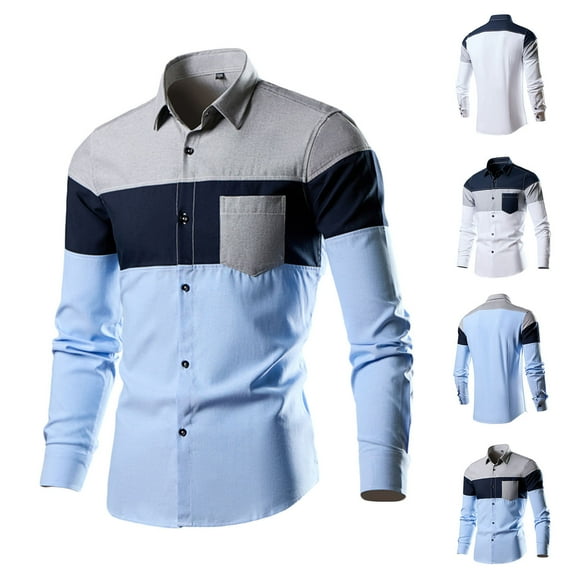 VBTAPA Mens Long Sleeve Dress Shirt Color Block Casual Button Down Shirts Slim Fit Stretch Business Office Shirt Wrinkle Free Formal Shirts with Chest Pocket Gray L