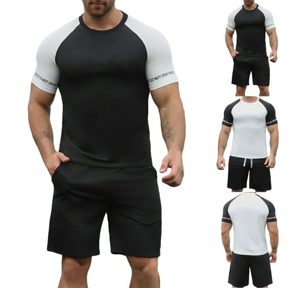 VBTAPA Mens Muscle Workout Sets Raglan Short Sleeve T Shirt and Shorts Set Color Block 2 Piece Casual Sports Outfits Fashion Summer Tracksuit Black XL