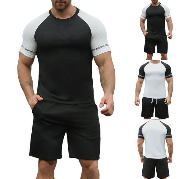VBTAPA Mens Muscle Workout Sets Raglan Short Sleeve T Shirt and Shorts Set Color Block 2 Piece Casual Sports Outfits Fashion Summer Tracksuit Black XL