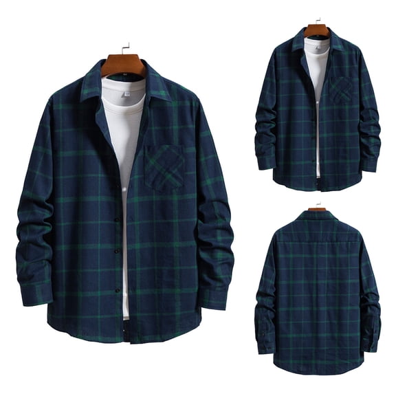 VBTAPA Mens Plaid Shirt Jacket Cotton Casual Button Down Shirts Open Front Long Sleeve Shacket Top Lightweight Beach Shirt with Chest Pocket Blue XS
