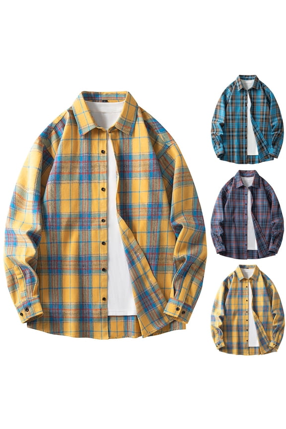Mens Plaid Shirt Jacket Open Front Long Sleeve Casual Button Down Shirt Jackets Lightweight Shacket Cardigan Tops Yellow XXL