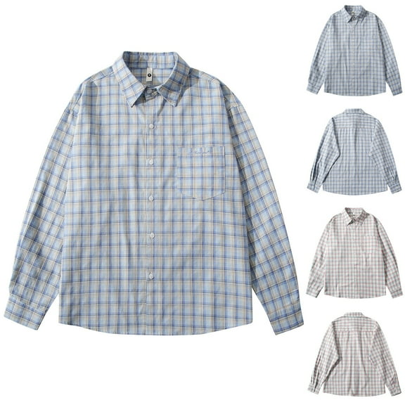 VBTAPA Mens Plaid Shirt Lapel Long Sleeve Button Down Shirts Lightweight Business Casual Gingham Shirt with Chest Pocket on Sale Blue XXL