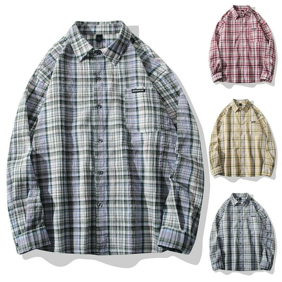 VBTAPA Mens Plaid Shirt Loose Casual Button Down Shirts Lightweight Gingham Shirts 2026 Fall Stylish Tops with Chest Pocket Blue L