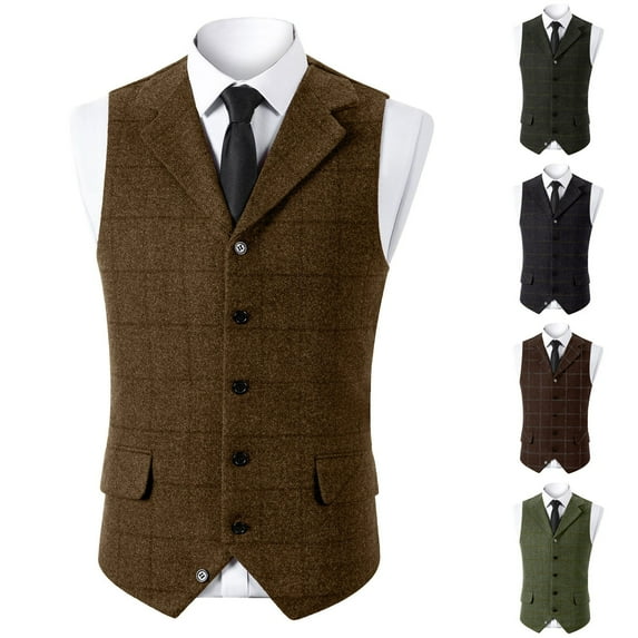 VBTAPA Mens Plaid Suit Vest Slim Fit Notched Lapel Waistcoat Formal Casual Work Tuxedo Vests for Wedding or Business Coffee S