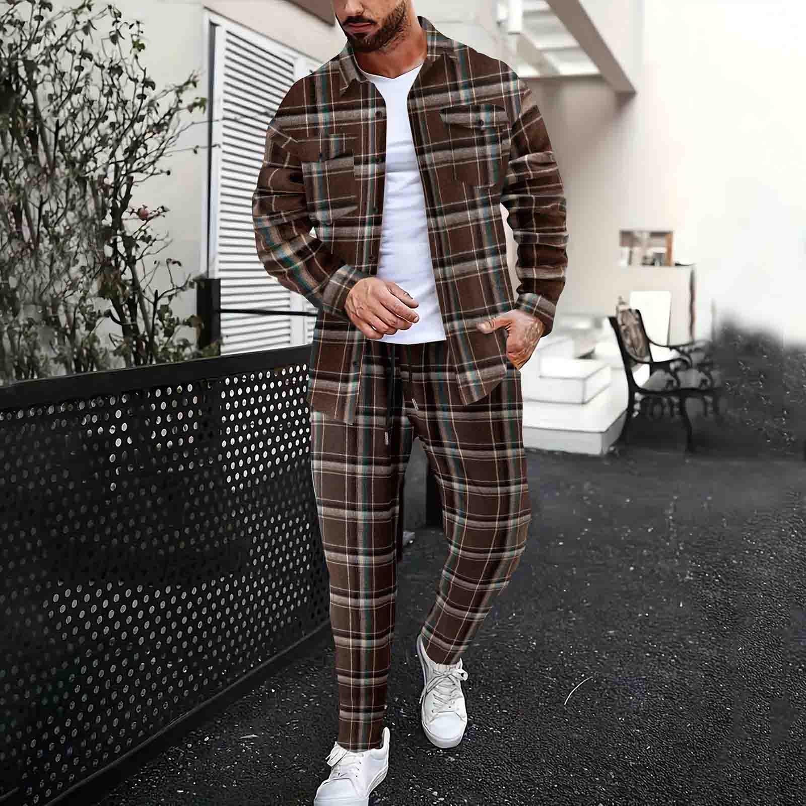VBTAPA Mens Plaid Tracksuit Set Trendy Casual 2 Piece Outfit Long