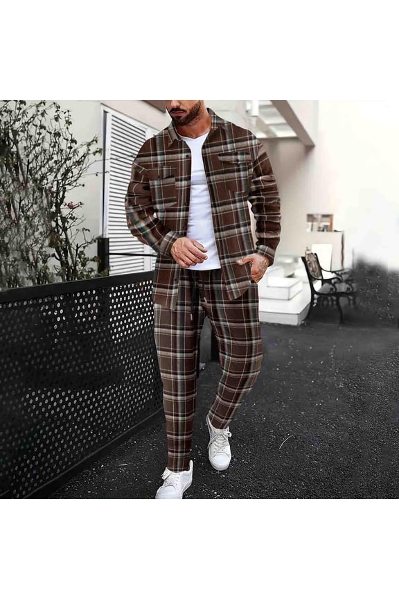 Mens Plaid Tracksuit Set Trendy Casual 2 Piece Outfit Long Sleeve Button Down Shirts and Straight Leg Pants Matching Set with Pockets Clearance Sale Brown XXXL