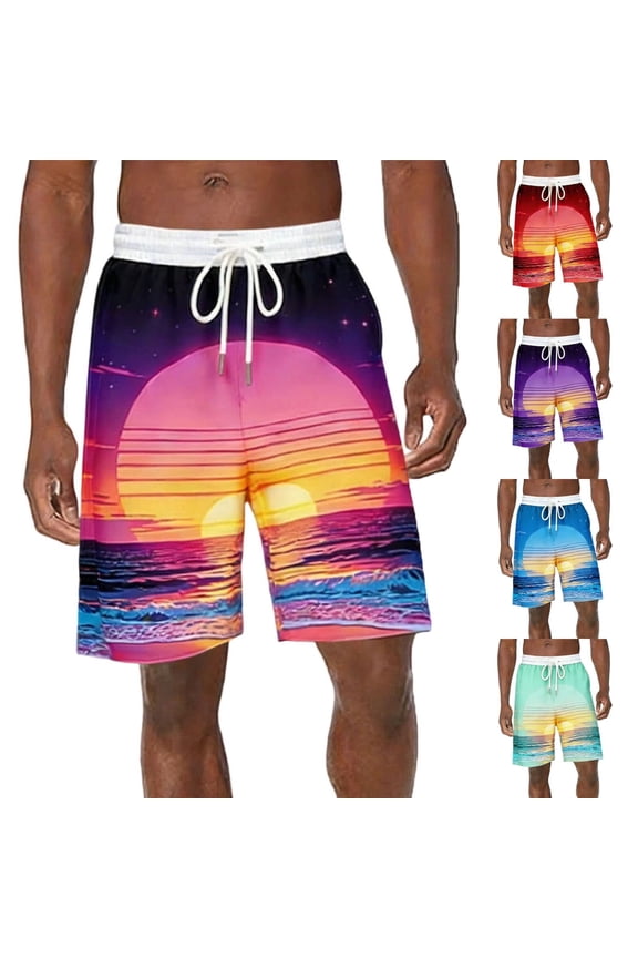 Mens Print Swim Trunks Quick Dry Swimwear Summer Hawaiian Swimming Beach Shorts with Pocket Bathing Suits for Men Purple M