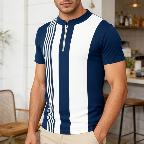 VBTAPA Mens Quarter Zip Polos Shirt Lightweight Casual Striped Golf Polos Short Sleeve Color Block T Shirts Dark Blue L