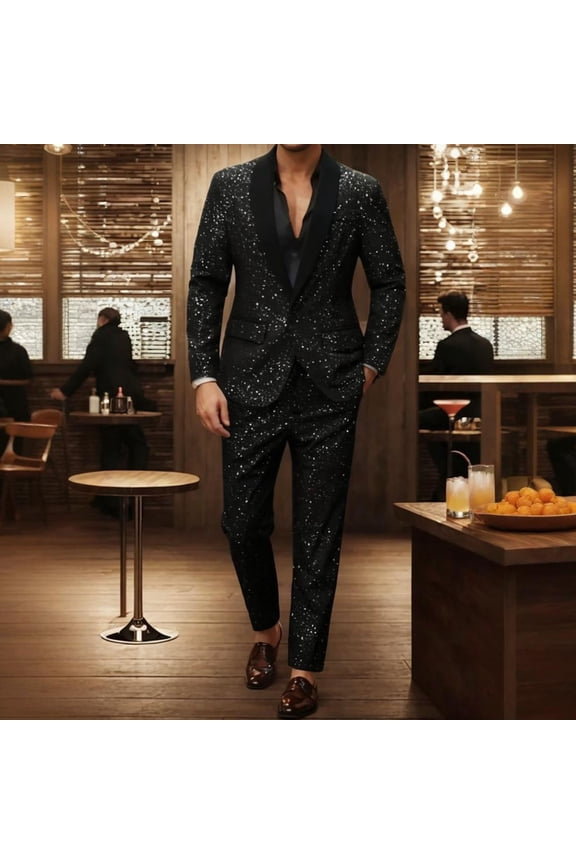 Mens Sequin Tuxedo 2 Piece Suit Set Slim Fit Prom Suits for Men Party Dress Suit Jacket and Pants Black XL
