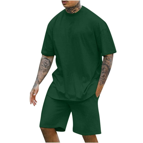 VBTAPA Mens Short Sets 2 Piece Outfits Basic Solid Casual Tracksuit Short Sleeve Drop Shoulder T-shirt and Shorts Loose Workout Set Comfy Jogging Suit Green M