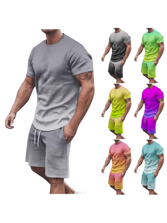 Mens Short Sets 2 Piece Outfits Gradient Color Casual Tracksuit Crewneck Short Sleeve Tops and Drawstring Shorts Set for Men Jogging Matching Suits Gray M