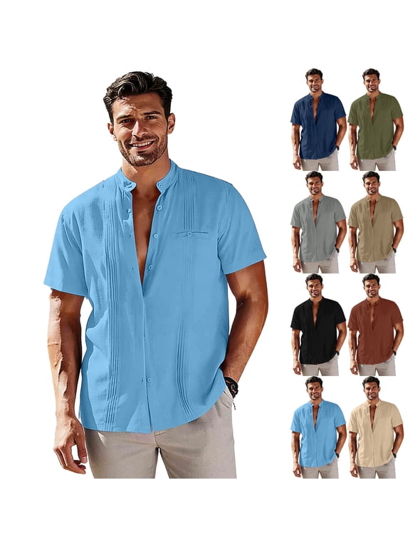 Mens Short Sleeve Guayabera Shirts Linen Cotton Button Down Mexican Embroidered Cuban Wedding Shirt Summer Beach Tops Beige XXXL