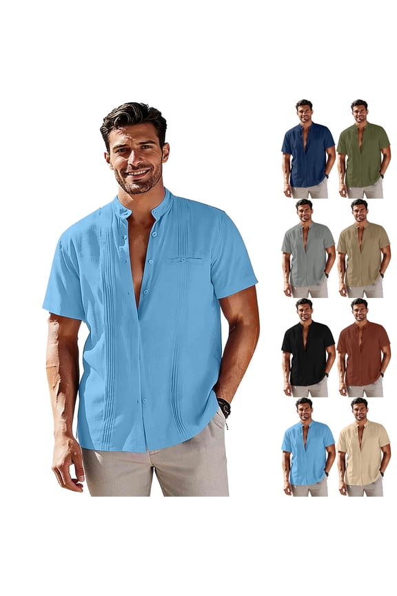 Mens Short Sleeve Guayabera Shirts Linen Cotton Button Down Mexican Embroidered Cuban Wedding Shirt Summer Beach Tops Gray S