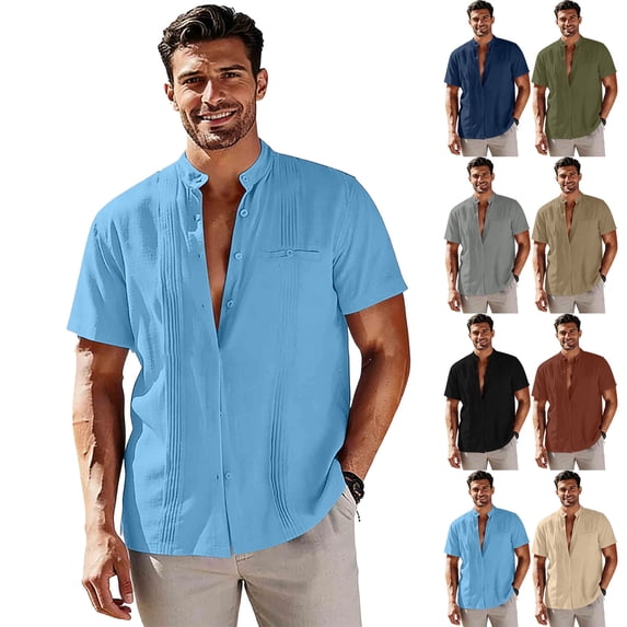 VBTAPA Mens Short Sleeve Guayabera Shirts Linen Cotton Button Down Mexican Embroidered Cuban Wedding Shirt Summer Beach Tops Light Blue M