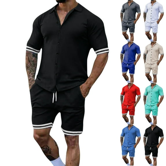VBTAPA Mens Short Sleeve Shirt and Shorts Set Color Block Casual Tracksuit 2 Piece Summer Beach Outfits with Pockets Sky Blue XXXXL