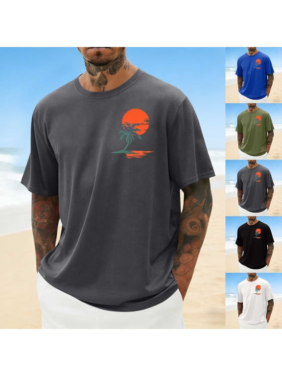 Mens Short Sleeve T-shirts Palm Tree Graphic Tees Summer Casual Vacation Tops Hawaiian Beach Tee Shirt Black L