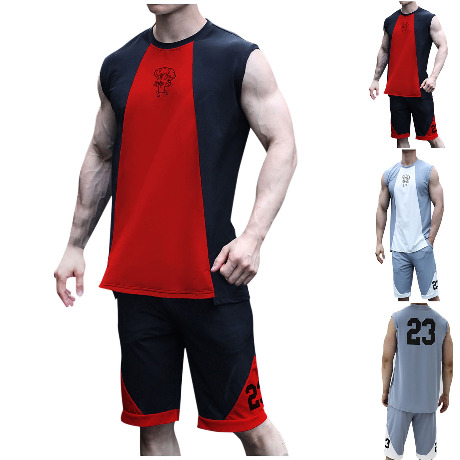 VBTAPA Mens Shorts Sets 2 Piece Casual Sports Outfits Color Block Basketball Shirt and Shorts Set Breathable Summer Tracksuits with Pockets Back to College Deals Lake Blue L