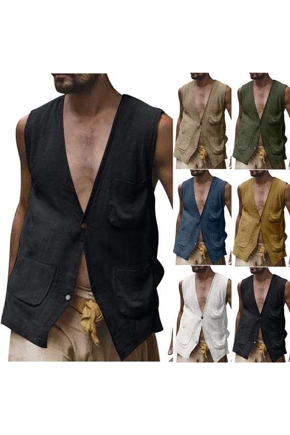 Mens Sleeveless Button Down Vest Linen Tank Tops Deep V Neck Blazer Jacket with Pockets Navy XXL