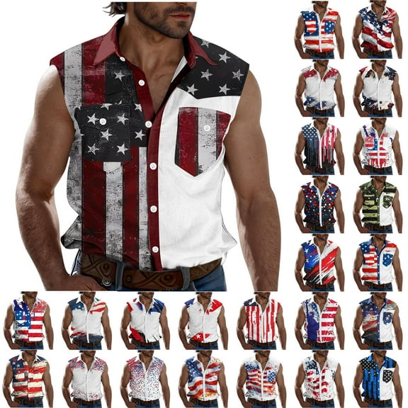 VBTAPA Mens Sleeveless Hawaiian Shirt USA Flag Printed Casual Button Down Tank Shirts 4th of July Patriotic Tops Summer Beach Wear Holiday Sales Multicolor L