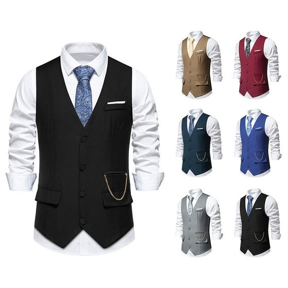 VBTAPA Mens Slim Fit Suit Vest Chain Design Waistcoat with 3 Pockets for Business Formal Wedding Prom Casual Tuxedo Wear Black XL