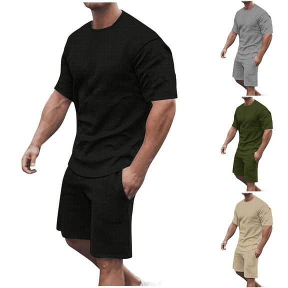 VBTAPA Mens Solid Casual Track Suit Short Sleeve T Shirt and Shorts Set Waffle Knit Sweatsuit 2 Piece Sets with Pockets Sales of Today Black XXXL