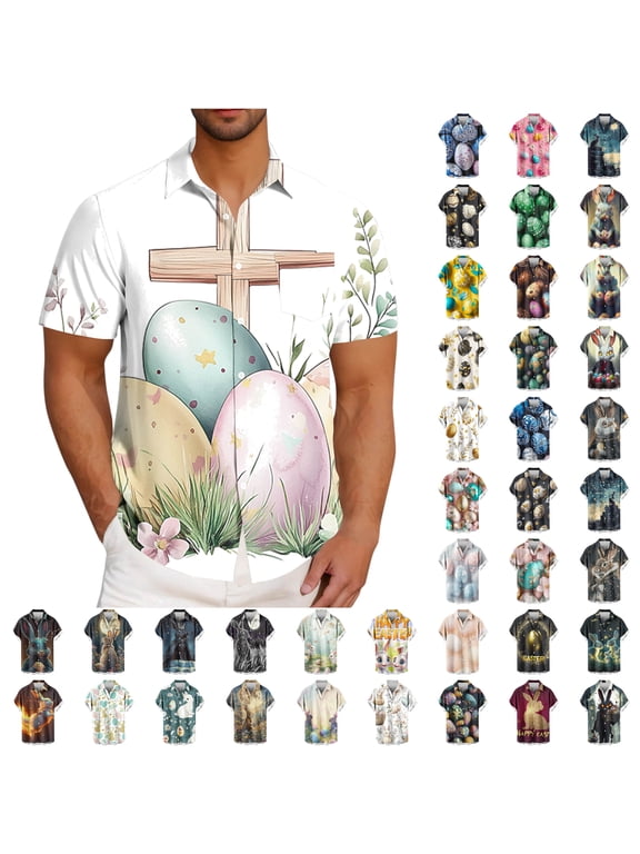 Mens Spring Shirts Happy Easter Day Rabbit Eggs Print Button Down Shirt Short Sleeve Hawaiian Beach Party Tops Multicolor S