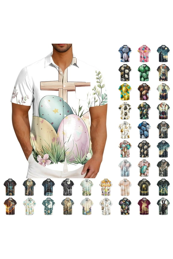 Mens Spring Shirts Happy Easter Day Rabbit Eggs Print Button Down Shirt Short Sleeve Hawaiian Beach Party Tops Prime Sales of The Day Multicolor M