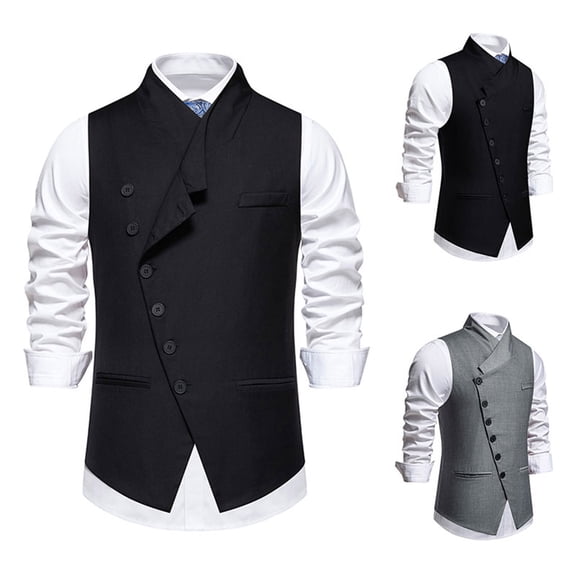 VBTAPA Mens Suit Vest Slim Fit Western Dress Vests with Oblique Button Vintage Victorian Waistcoat for Business Wedding Party Prom Black XL